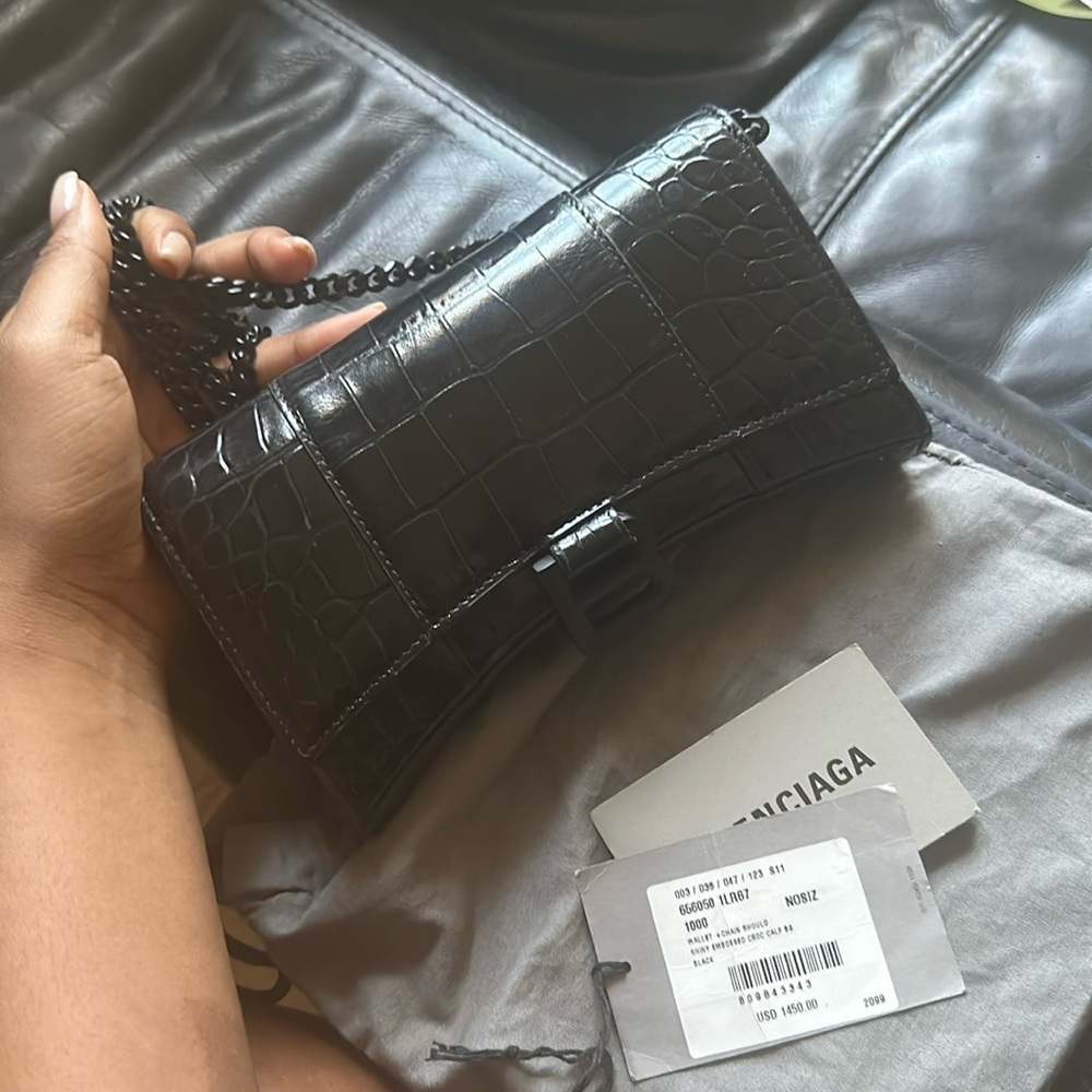 Balenciaga Hourglass Chain Wallet Crocodile Embossed Leather Bag